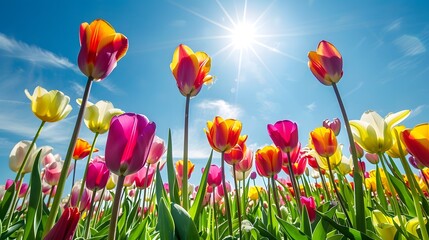 Fototapeta premium A field of colorful tulips under a bright blue sky