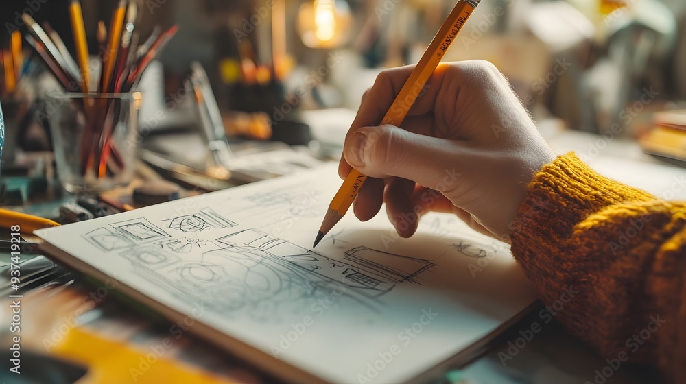 Poster Close up of a hand holding a pencil above an open sketchpad filled with design concepts ideas and diagrams with copy space around the workspace setup