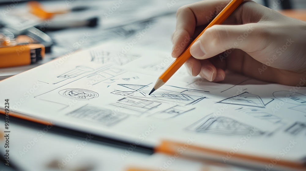 Poster hand holding a pencil above a sketchpad filled with various design concepts sketches and ideas again