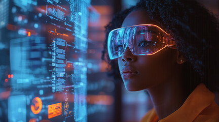 Fototapeta premium AI cyber security threat, female african american IT specialist analysing futuristic holographic data information. blue & orange colour, sugmented reality artificial intelligence concept banner