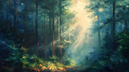 Serene forest with sun rays breaking through the canopy, creating a magical scene with deep oil textures and detailed brushwork, reminiscent of hand-painted art