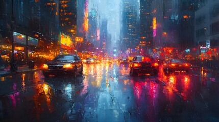 Dark urban scene, heavy rain, vibrant reflections on wet pavement, dynamic brushwork, oil painting style, hand-painted