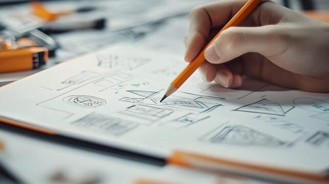 Hand holding a pencil above a sketchpad filled with various design concepts sketches and ideas against an open minimalist background  The image represents the creative process ideation