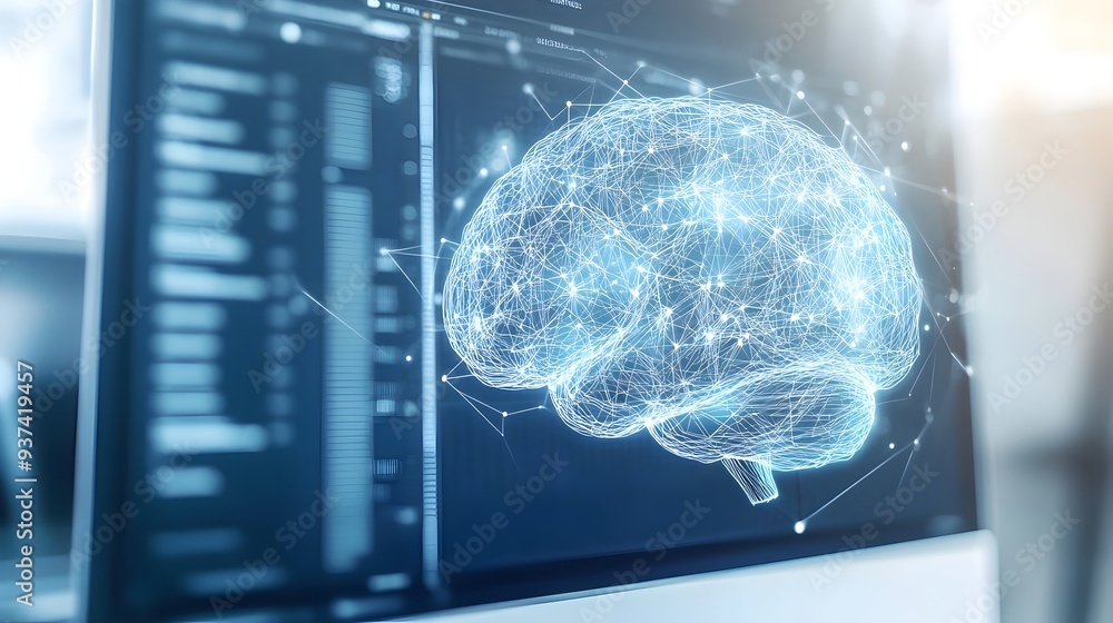 Poster innovative digital brain model displayed on computer screen symbolizing intelligence and futuristic 