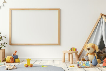 Blank Mockup poster frame in bedroom Scandinavian, 3d render