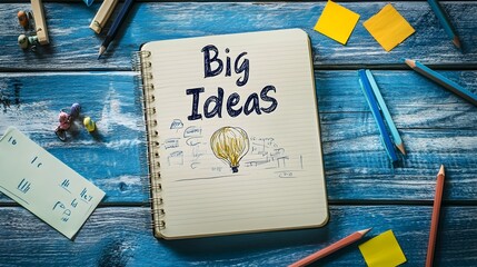 An open notebook with the words Big Ideas written at the top surrounded by various stationery items such as pencils and sticky notes on a workspace or desk