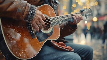 Fototapeta premium Musician playing guitar on a street corner: With a hat on the ground for tips, a guitarist strums and sings on a street corner, his music attracting the interest of people passing by. 