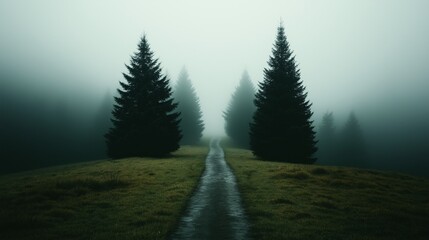 Misty Path: A solitary path winds through a misty forest, framed by towering evergreen trees. The ethereal atmosphere creates a sense of mystery and intrigue, inviting viewers to explore the unknown.