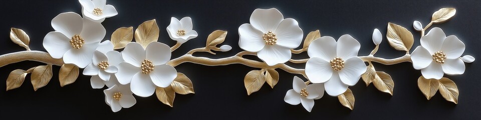 White flowers with golden leaves on black background. White and golden and black luxury 3d floral background
