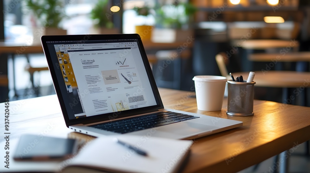 Poster overhead view of an open laptop with a new project idea displayed on the screen surrounded by coffee
