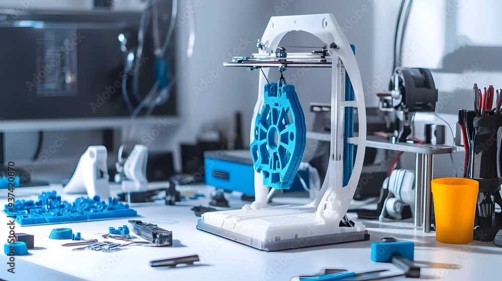 Poster 3d printed prototype surrounded by tools and materials on a desk representing the creative innovatio