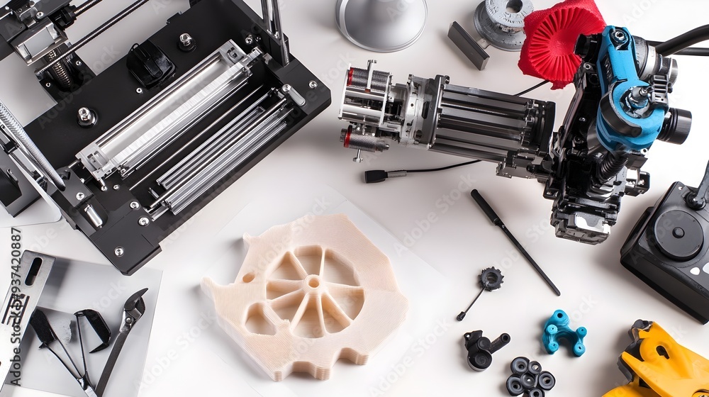 Poster a photograph of a 3d printed prototype on a desk surrounded by various tools and materials with ampl