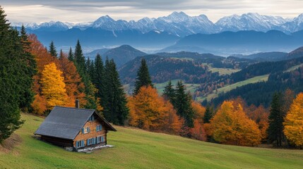Obraz premium Autumnal Mountain Landscape with a Log Cabin