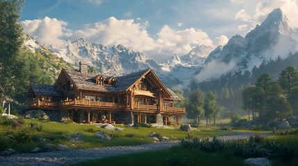 Fototapeta premium Mountain Log Cabin with Stunning Views - 3D Illustration