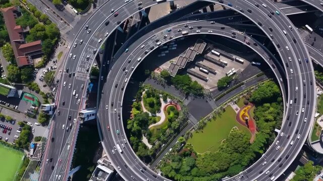 aerial top down view showing traffic on a multilevel interchange overpass and elevated interchange or highway intersection with busy urban traffic.