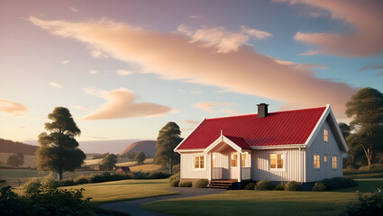 Norwegian beautiful house lit by the midnight sun, Generative AI