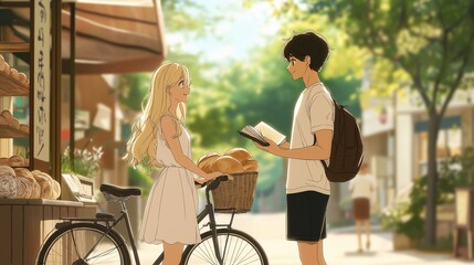 Summertime Sweethearts: A chance encounter outside a bakery sparks a connection between a young man and woman, bathed in the warm glow of a summer day. 