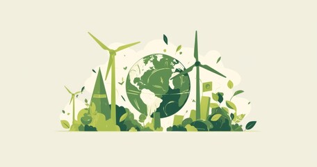 Green Earth Set Against Light Grey Background, Symbolizing Environmental Protection and Sustainable Development in Minimalist Style