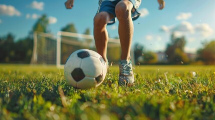 Teenage Soccer Practice: On a grassy field, a teenage boy practices soccer, sprinting and delivering a precise kick, focused on perfecting his shot at the goal.
