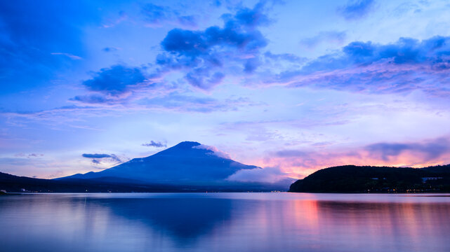 View of Mount Fuji on a summer evening, Lake Yamanaka, Japan