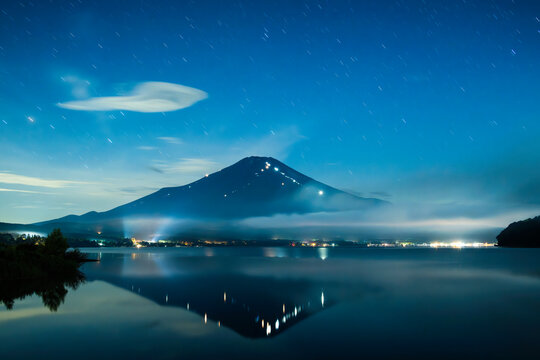 View of Mount Fuji on a summer night, Lake Yamanaka, Japan