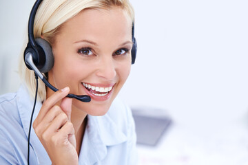 Customer support, woman and portrait with headset in office for call center, service and help desk. Business agent, work and technology with smile for outbound, b2c telemarketing and sales to clients