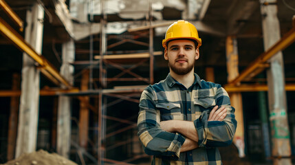 A man, a worker, a builder by profession, in a uniform and a helmet. AI Generated