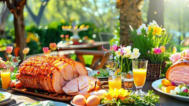 Festive Easter Brunch Spread with Glazed Ham, easter eggs, salads, assorted appetizers and spring flowers in garden