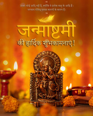 Vibrant Radha and Krishna idols, with Krishna holding a flute. Surrounded by colorful flowers, with with for "Happy Janmashtami" (in Hindi) celebrating the festive spirit.