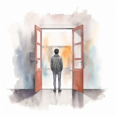 Fototapeta premium Contemplative Young Man Standing at Open Doors in Watercolor Illustration, Facing Uncertain Future and New Beginnings