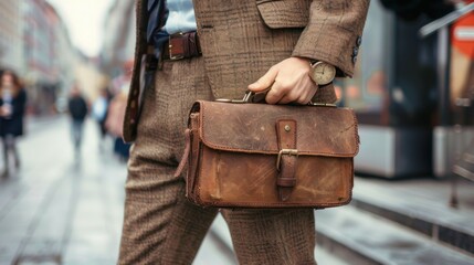 Executive Moment: Dressed in a suit and holding a briefcase, a middle-aged businessman checks his wristwatch on a crowded city street, radiating confidence for his upcoming meeting.
