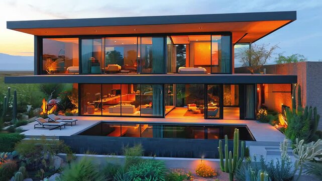 A large modern house with a pool and surrounded by desert landscape