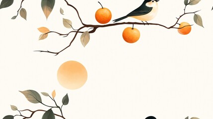 Seamless Pattern Serene Citrus Sunset: Birds find peace amongst the branches of an orange tree, bathed in the warm glow of a setting sun. Delicate illustration with minimalist charm. 