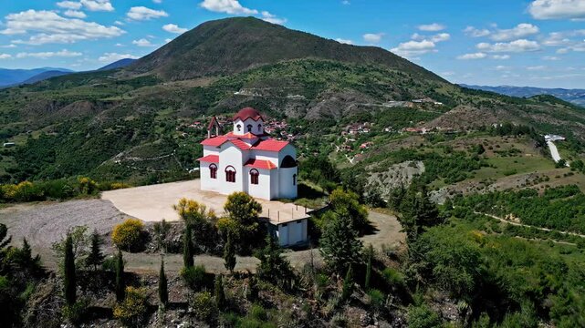 Aerial Shot of the Monastery of the Savior (Iera Moni Sotiros) atop Sotiros Hill, Greece