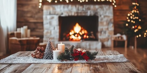 Obraz premium Festive Christmas fireplace Winter and Christmas holidays background