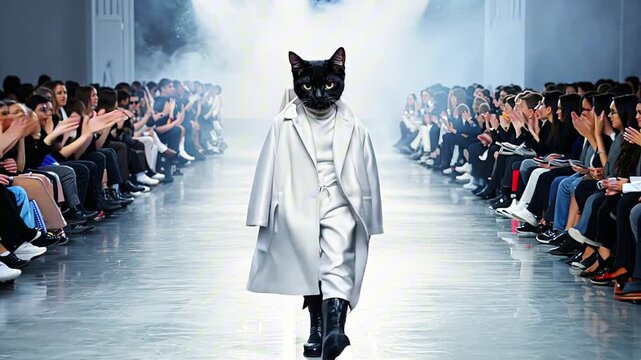 A chic black cat confidently walks down the fashion runway, dressed in a stylish coat. A humorous and trendy visual blending fashion and feline charm