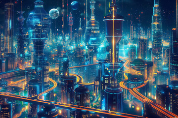 This neon city is a vibrant futuristic metropolis at night. Skyscrapers glow with neon lights, multi-layered roads bustle with vehicles, and floating structures and planets create a strong sci-fi vibe