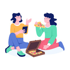 Friends eating and enjoying pizza party, flat illustration 