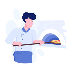 Chef putting pizza inside pizza oven, flat illustration 