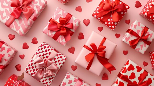 Charming valentine s day gift ideas on pink background with heart patterns and bows