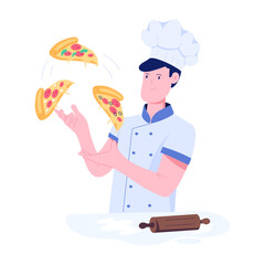 Character based flat illustration of pizza master juggling  