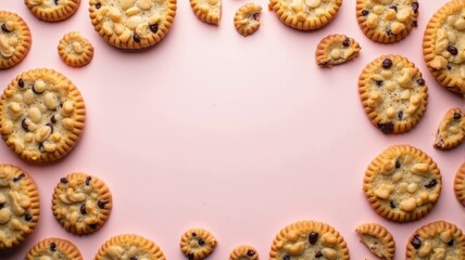 Fototapeta premium Delicious Homemade Cookies on Pink Background with Copy Space - Perfect for Bakeries, Recipes, and Cooking Blogs