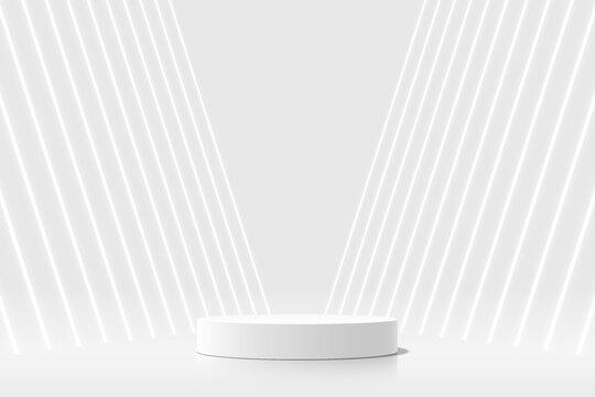3D white silver podium background with neon lighting lines. Futuristic abstract composition minimalist design. Studio display showroom cosmetic product pedestal, Fashion stage showcase mockup scene.
