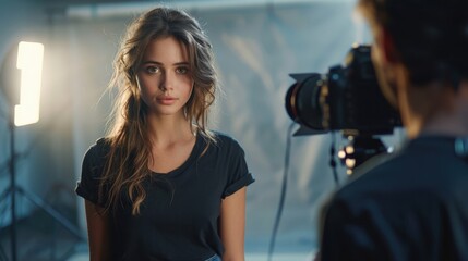 Studio Precision: At a fashion shoot, a professional photographer holds her camera to her eye, expertly directing the model. Her focused eyes capture the perfect shot amid bright studio lighting.
