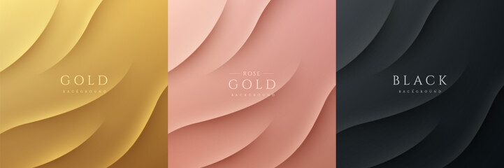 Set of abstract 3D ripples stripes texture pattern on golden, pink gold, black background. Curve wave 3D lines texture with light and shadow wall scene. Luxury and elegant template banner design.