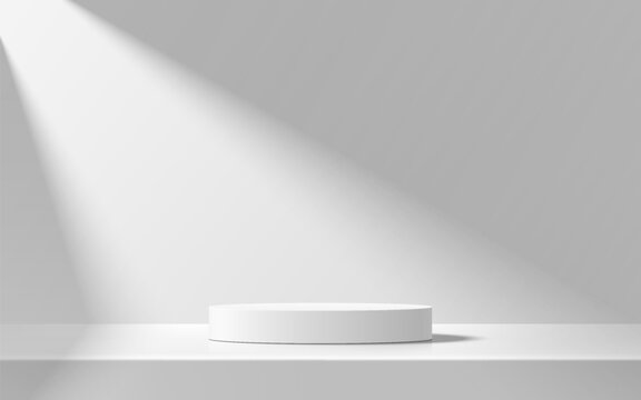 3D white round podium background with lighting and shadow. Abstract geometric composition minimalist design. 3D studio display showroom cosmetic product pedestal, Fashion stage showcase mockup scene.