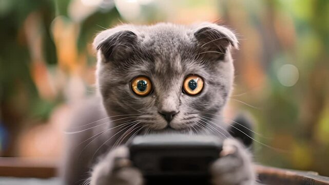 A small gray cat with surprised emotion while playing and joyfully exaggeratedly with smartphone, looking smartphone	