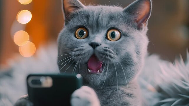 A small gray cat with surprised emotion while playing and joyfully exaggeratedly with smartphone, looking smartphone	