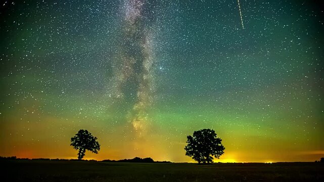 Timelapse shot of colorful night sky stars milky way with trees at background.