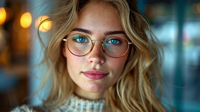 A young lady in an opticians trying on spectacles